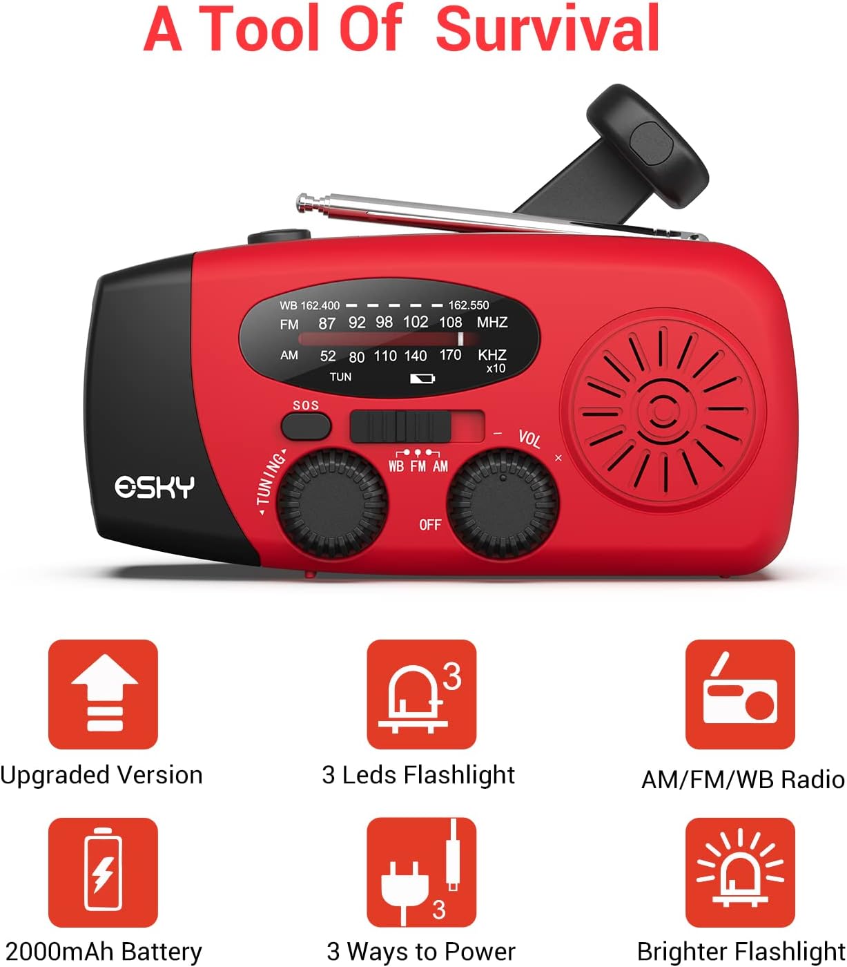 Esky Emergency Hand Crank Radio with 3 LED Flashlight