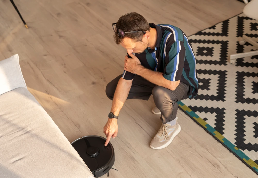 Robotic vacuum cleaner cleaning a modern living room effortlessly